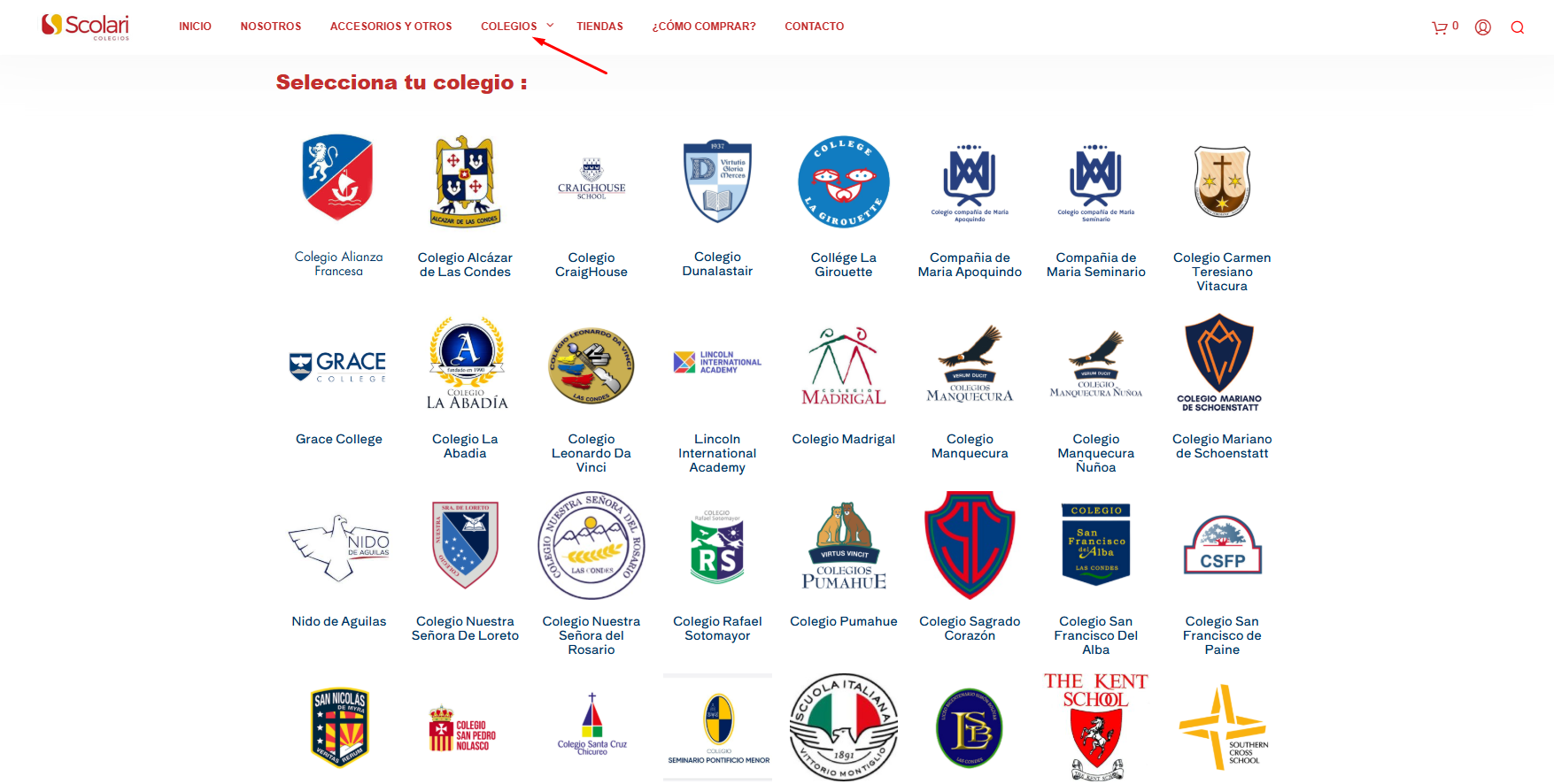 Menú desplegable de colegios disponibles